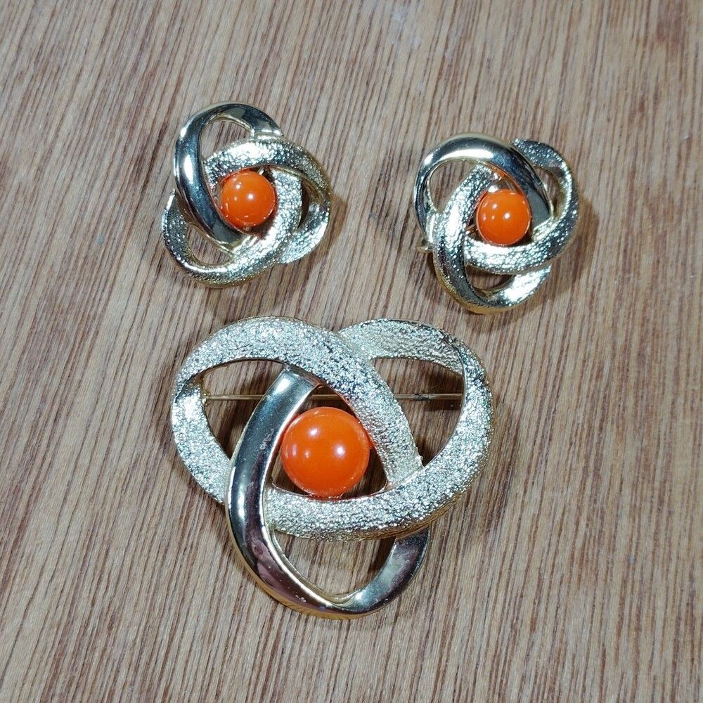 Vintage Sarah Coventry LOT Pin Brooch Clip On Earrings Gold Tone Orange Signed